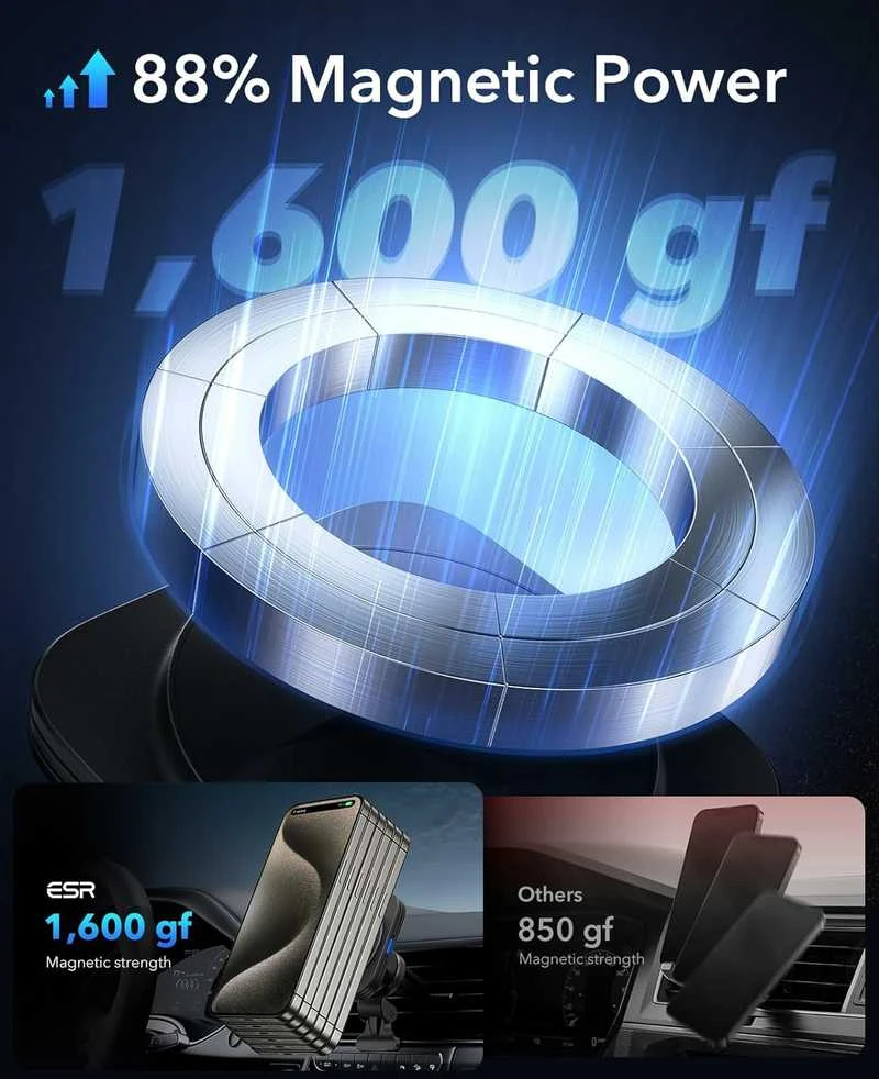 ESR HaloLock magnetinis belaidis MagSafe automobilinis telefono laikikliis įkroviklis 15 W, ventiliacijos tvirtinimas BK918