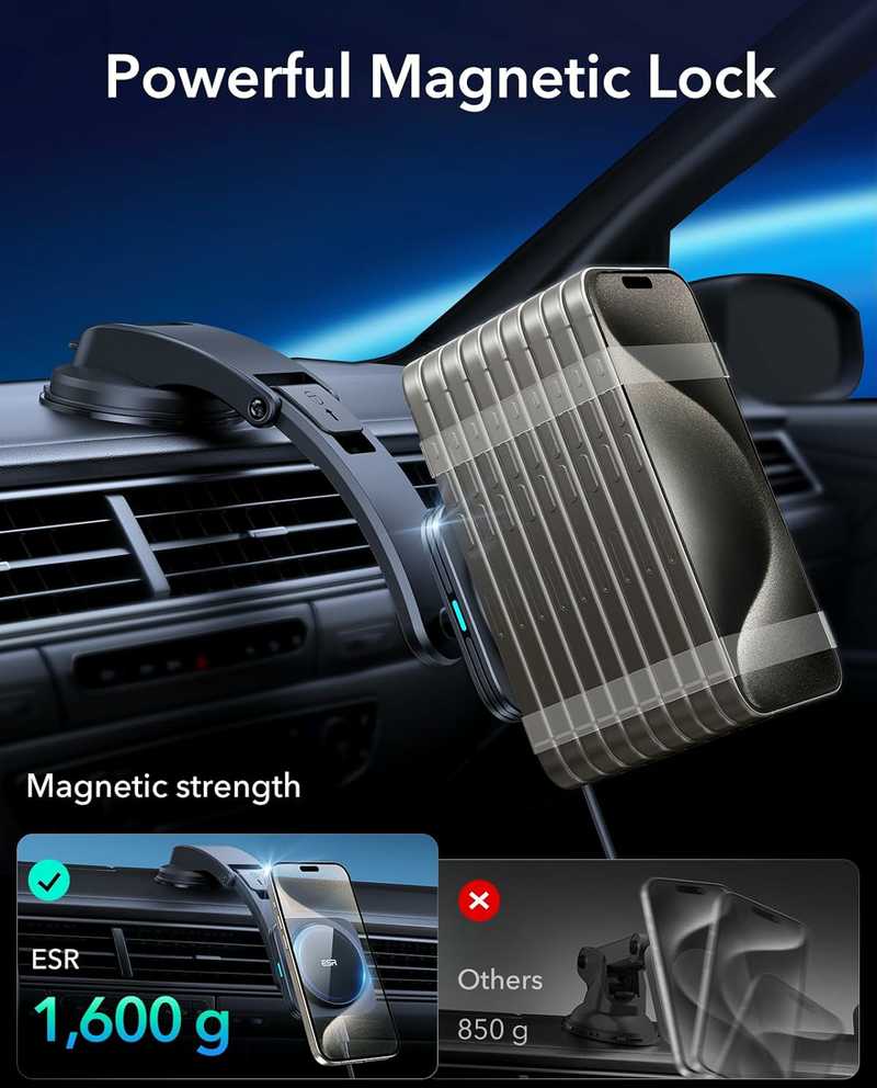 ESR HaloLock magnetinis bevielis automobilinis įkroviklis su laikikliu, 18 W, juodas