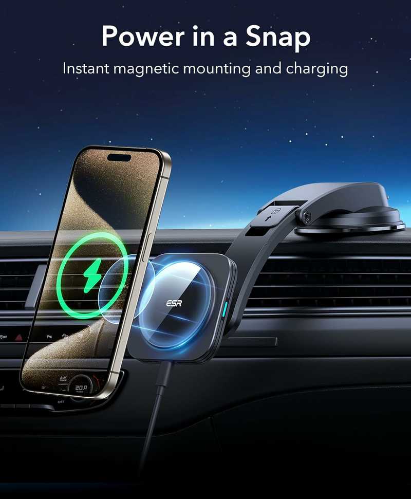 ESR HaloLock magnetinis bevielis automobilinis įkroviklis su laikikliu, 18 W, juodas