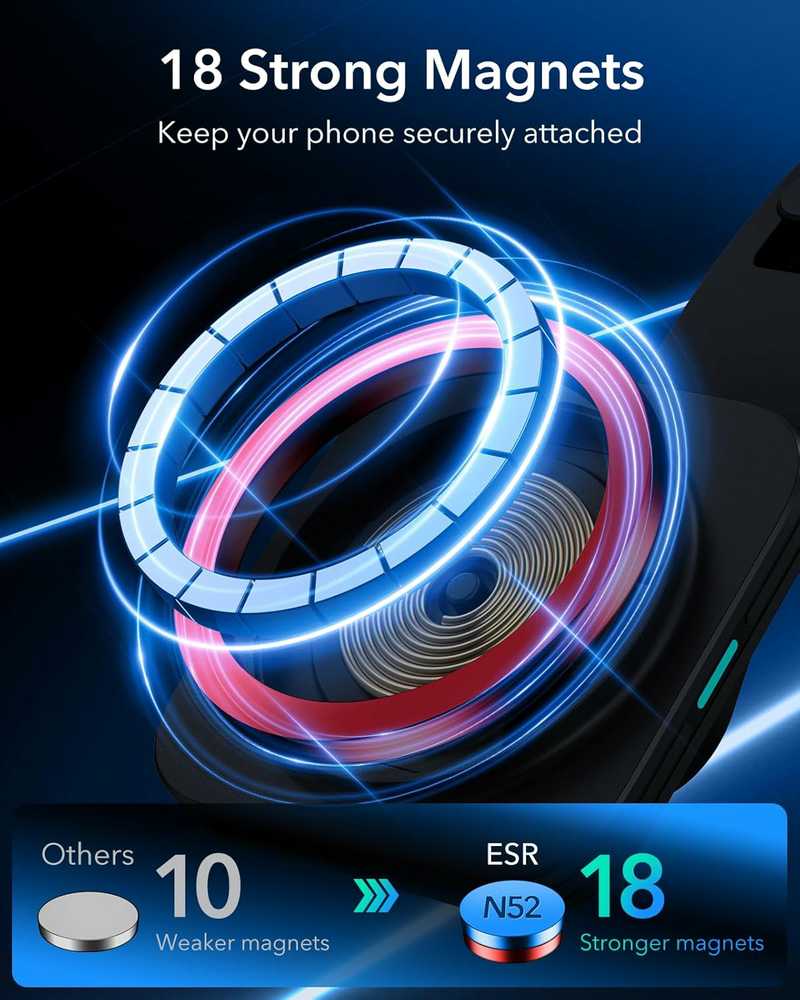 ESR HaloLock magnetinis bevielis automobilinis įkroviklis su laikikliu, 18 W, juodas