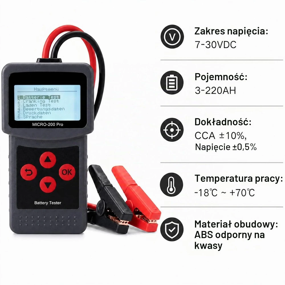 Etrogo automobilio akumuliatoriaus testeris 12 V ir 24 V, 40–2000 CCA