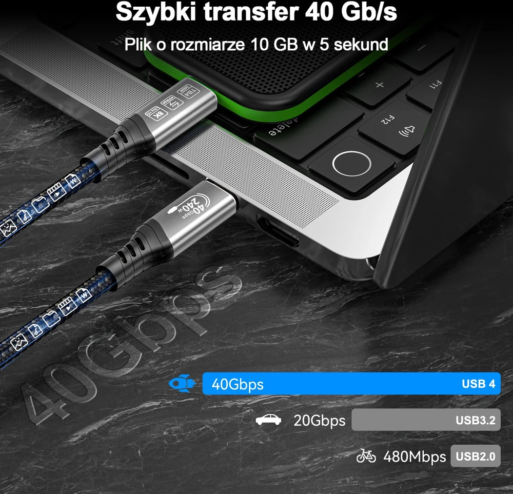 EUDOBEL 2 m USB-C Thunderbolt 4 kabelis, 240 W, 40 Gb/s, 8K, E-W0307