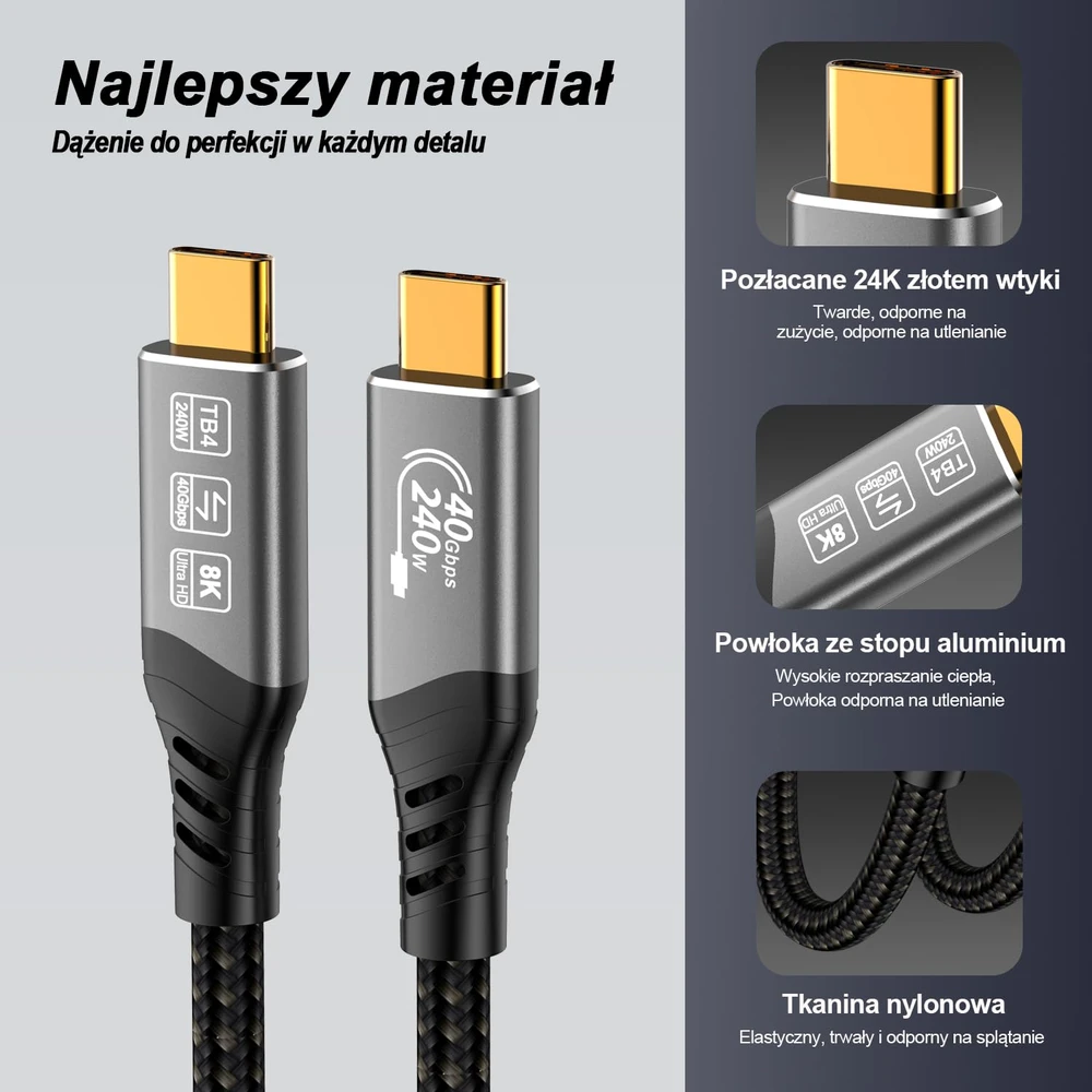 EUDOBEL 2 m USB-C Thunderbolt 4 kabelis, 240 W, 40 Gb/s, 8K, E-W0307