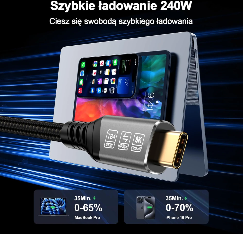EUDOBEL 2 m USB-C Thunderbolt 4 kabelis, 240 W, 40 Gb/s, 8K, E-W0307