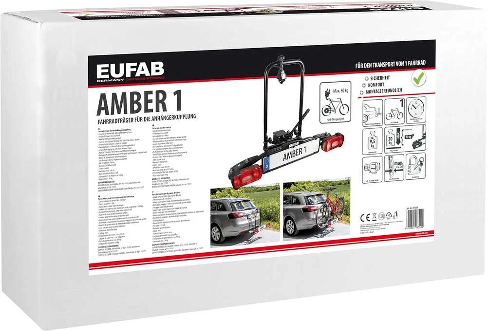 EUFAB dviračio laikiklis Amber 1 automobiliui ant kablio, 1 dviračiui, tinka elektriniams dviračiams, juodas