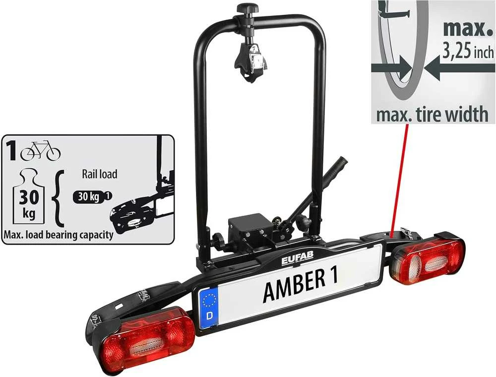 EUFAB dviračio laikiklis Amber 1 automobiliui ant kablio, 1 dviračiui, tinka elektriniams dviračiams, juodas