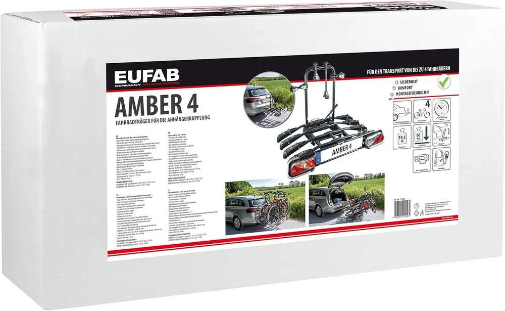 EUFAB dviračių laikiklis automobiliui, 4 dviračiams, montuojamas ant kablio, juodas, Amber IV