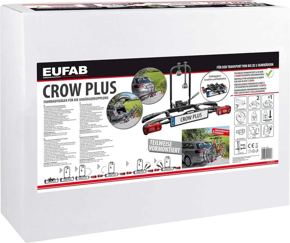 EUFAB dviračių laikiklis automobiliui ant kablio, aliuminis, 2 dviračiams, 50 kg, Crow Plus