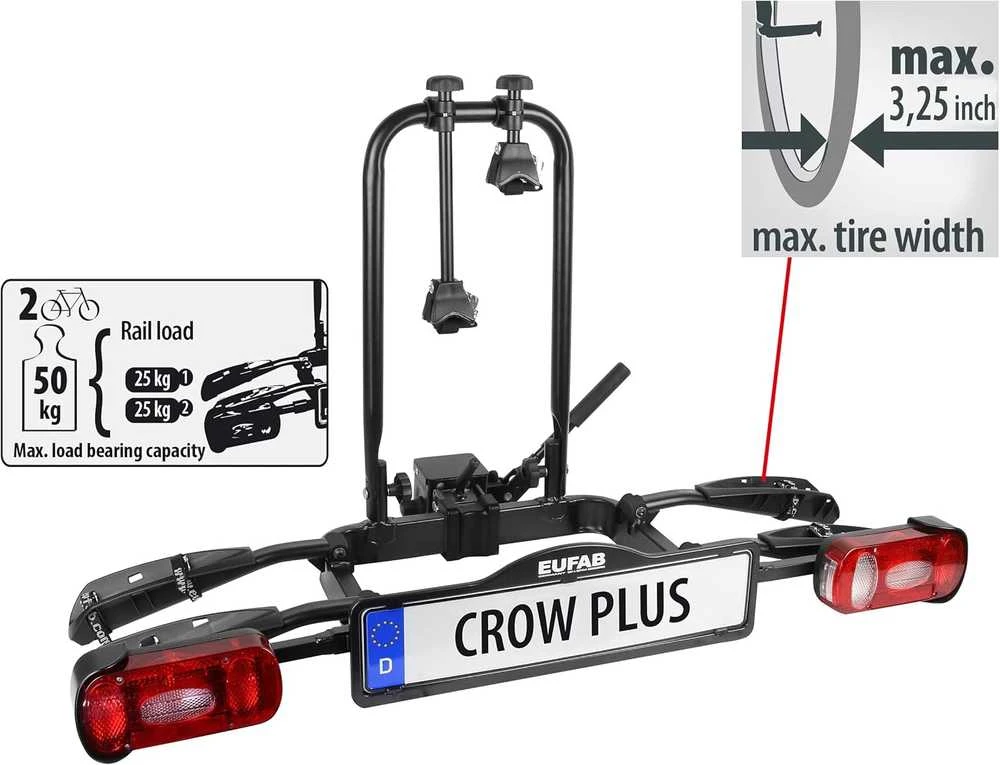 EUFAB dviračių laikiklis automobiliui ant kablio, aliuminis, 2 dviračiams, 50 kg, Crow Plus