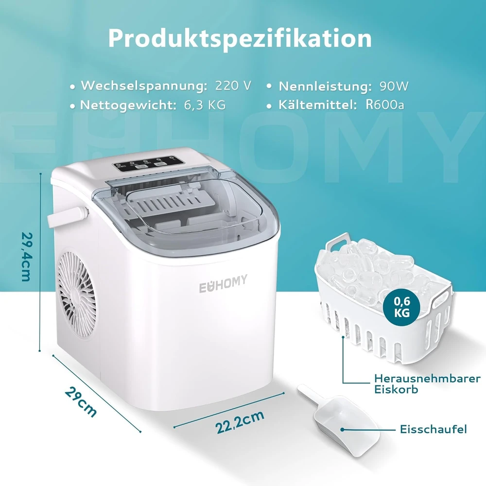 EUHOMY ledo kubelių gaminimo aparatas, savivalydis, 12 kg per dieną, 1,2 l talpa, nešiojamas