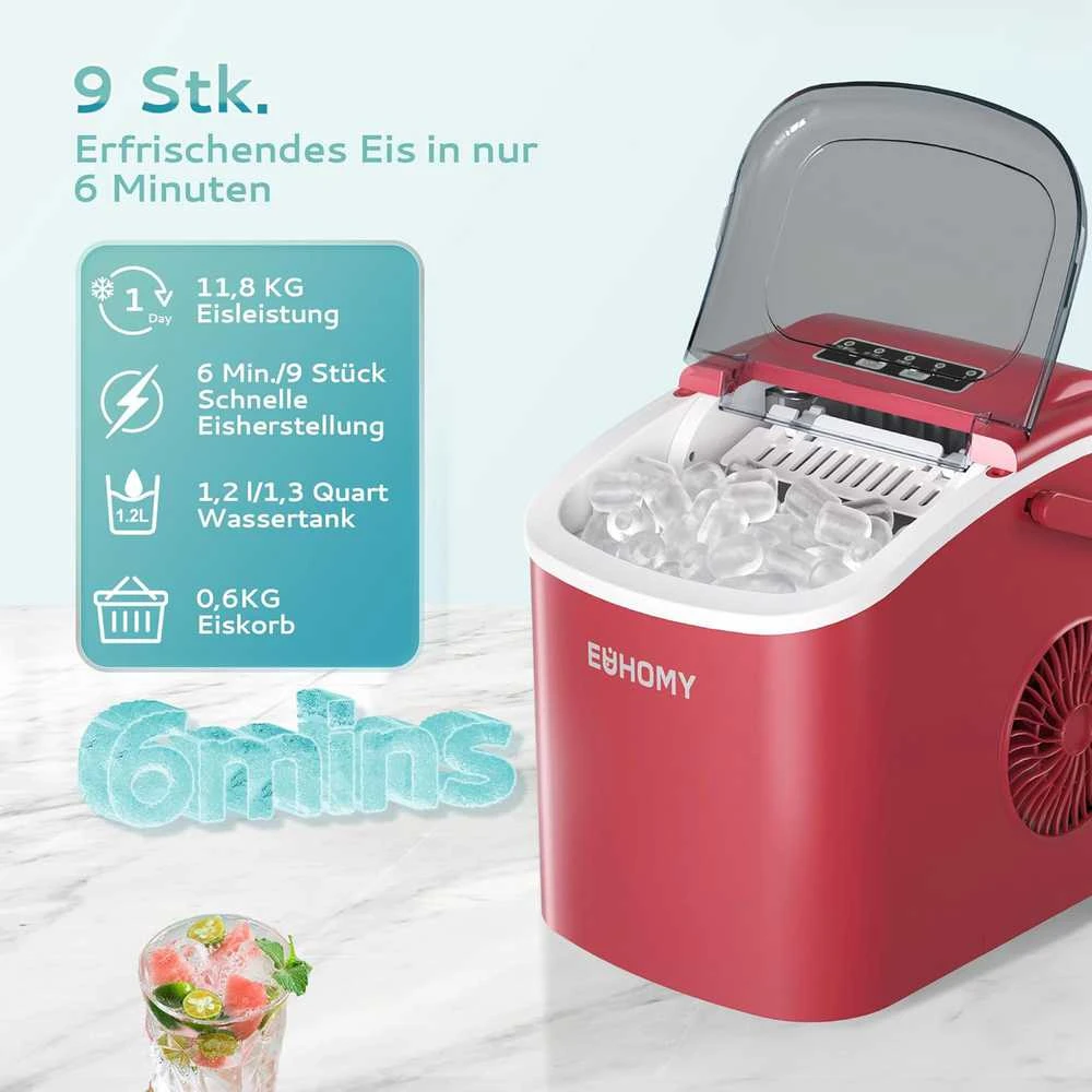 EUHOMY ledukų gaminimo aparatas, 9 ledukai per 6 min., 12 kg per parą, savaiminis valymas, raudonas, B0DG8Q9V3F