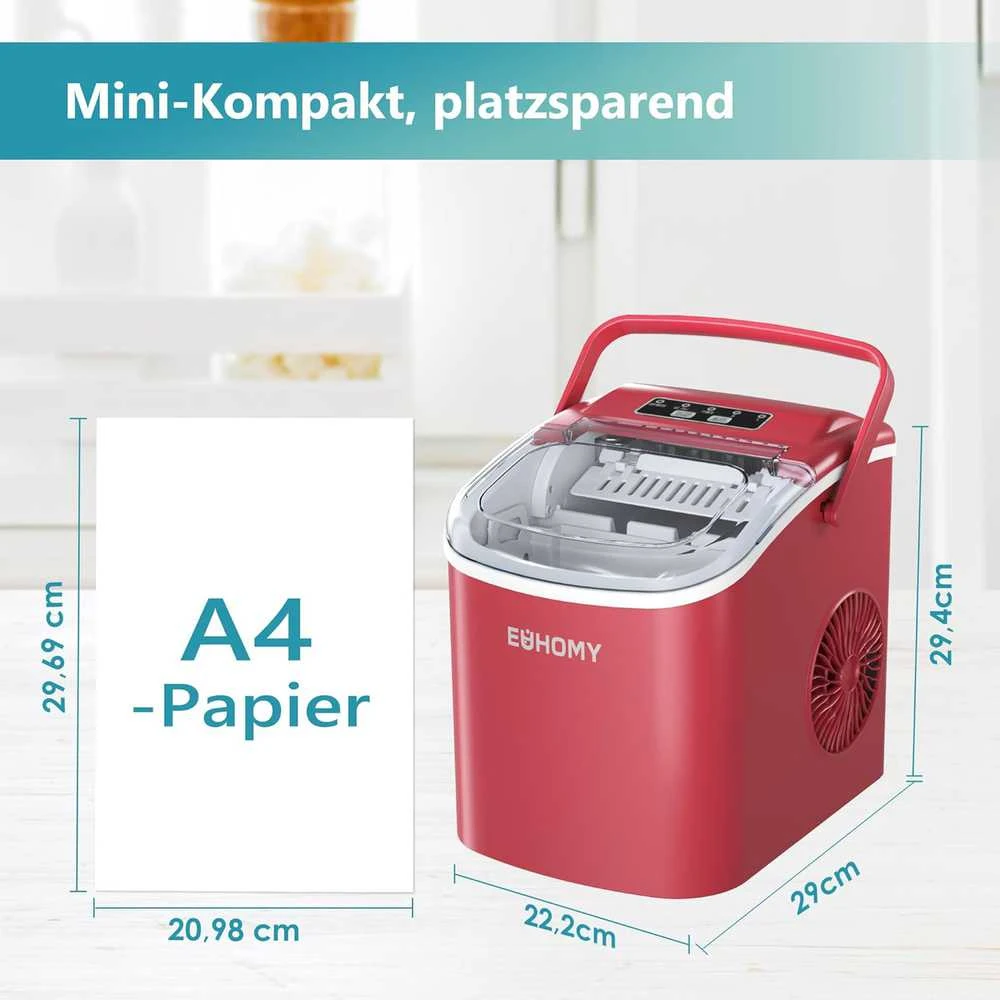 EUHOMY ledukų gaminimo aparatas, 9 ledukai per 6 min., 12 kg per parą, savaiminis valymas, raudonas, B0DG8Q9V3F