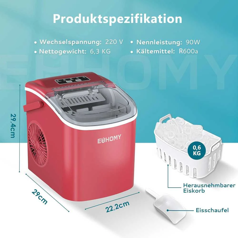 EUHOMY ledukų gaminimo aparatas, 9 ledukai per 6 min., 12 kg per parą, savaiminis valymas, raudonas, B0DG8Q9V3F