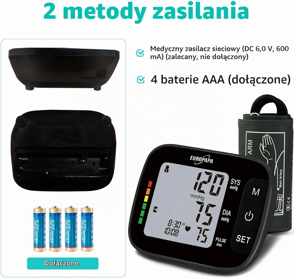 EUROPAPA žastinis kraujospūdžio matuoklis su pulso matavimu, 22–42 cm manžete, 80251