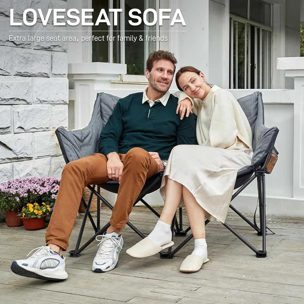 EVER ADVANCED sulankstoma dvivietė kempingo sofa, XXL, 320 kg, plieno rėmas, aukštas atlošas, pilka, FC-97820-LTGY-EUEA