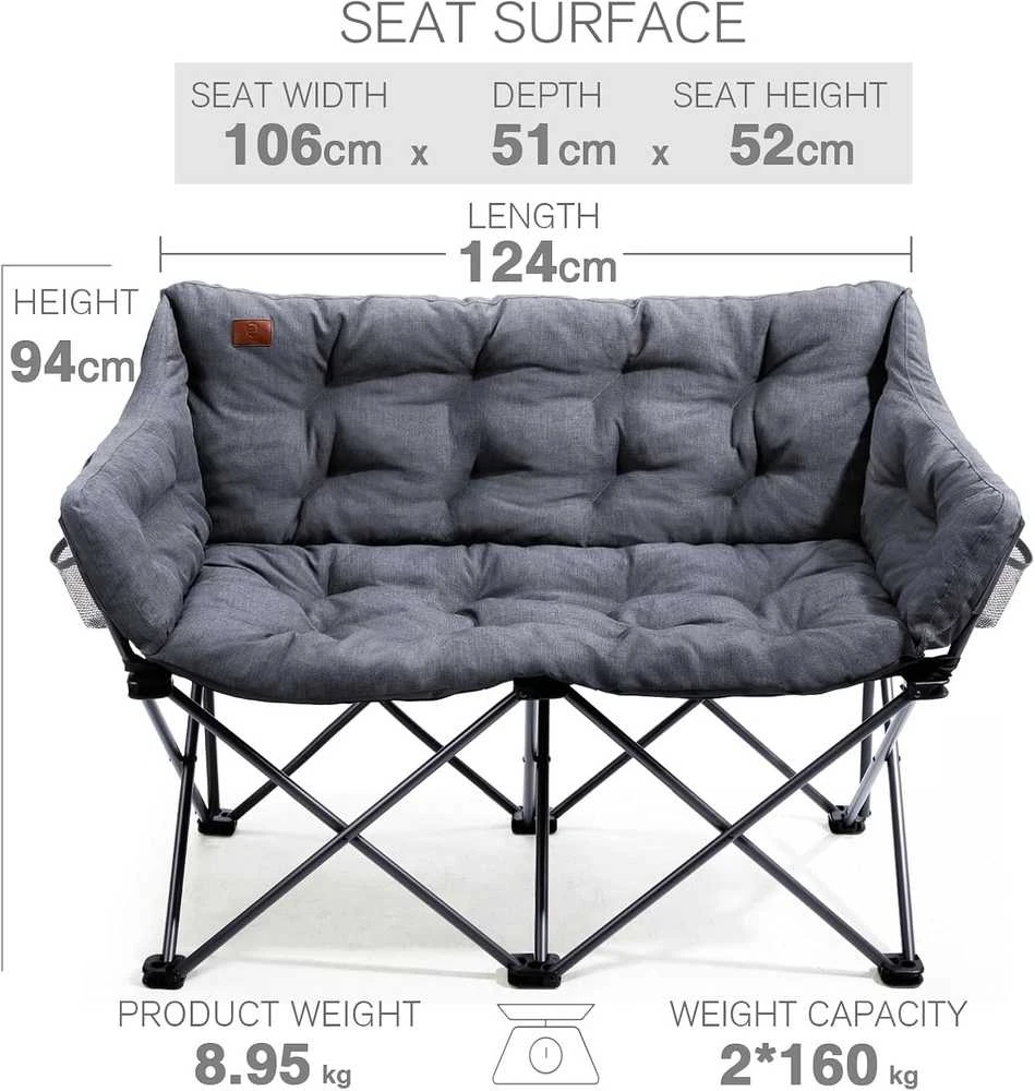 EVER ADVANCED sulankstoma dvivietė kempingo sofa, XXL, 320 kg, plieno rėmas, aukštas atlošas, pilka, FC-97820-LTGY-EUEA
