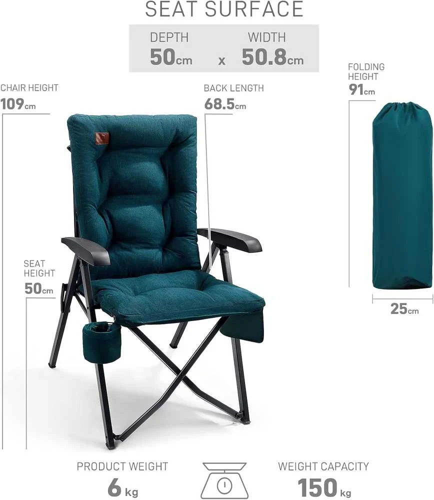 EVER ADVANCED sulankstoma kempingo kėdė su 4 padėčių reguliuojamu atlošu, 50 × 50 × 109 cm, iki 150 kg