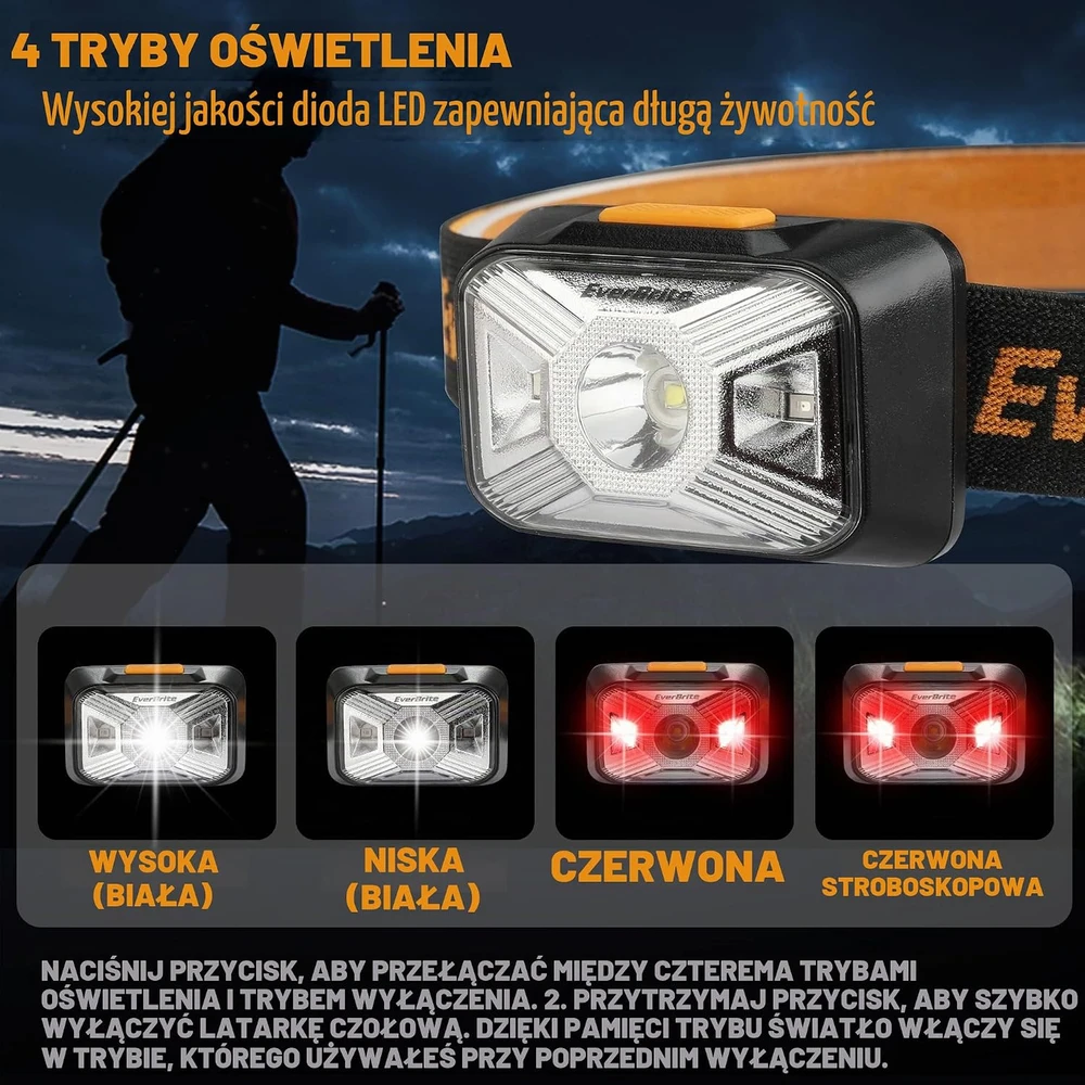 EverBrite LED prožektorius ant galvos, USB-C įkraunamas, 200 lm, 4 režimai, E061081