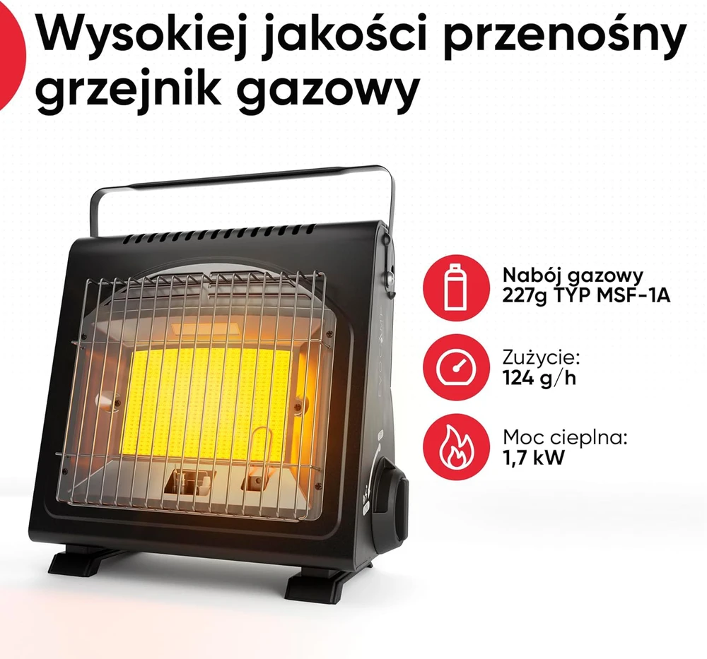 EVOCAMP nešiojamas dujinis šildytuvas 1,7 kW, keraminis, lauko naudoti, BDZ-Q1000