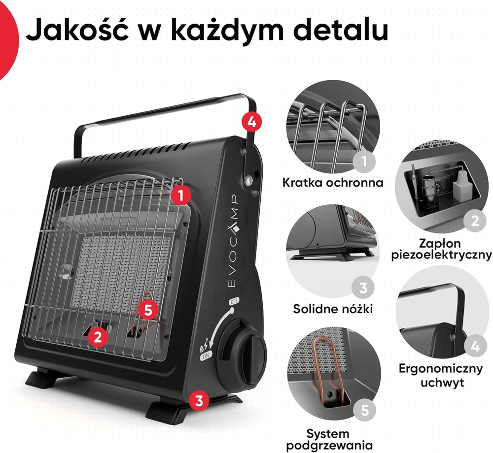 EVOCAMP nešiojamas dujinis šildytuvas 1,7 kW, keraminis, lauko naudoti, BDZ-Q1000
