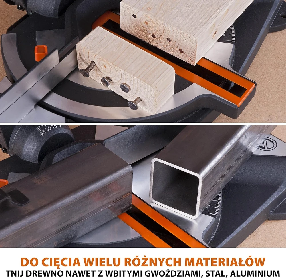Evolution Power Tools kombinuota skersavimo pjūklas 1200 W 210 mm, R210CMS modelis, pjovimo kampai 45°, komplekte TCT diskas
