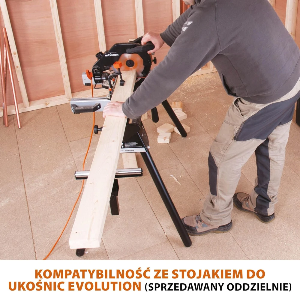 Evolution Power Tools kombinuota skersavimo pjūklas 1200 W 210 mm, R210CMS modelis, pjovimo kampai 45°, komplekte TCT diskas