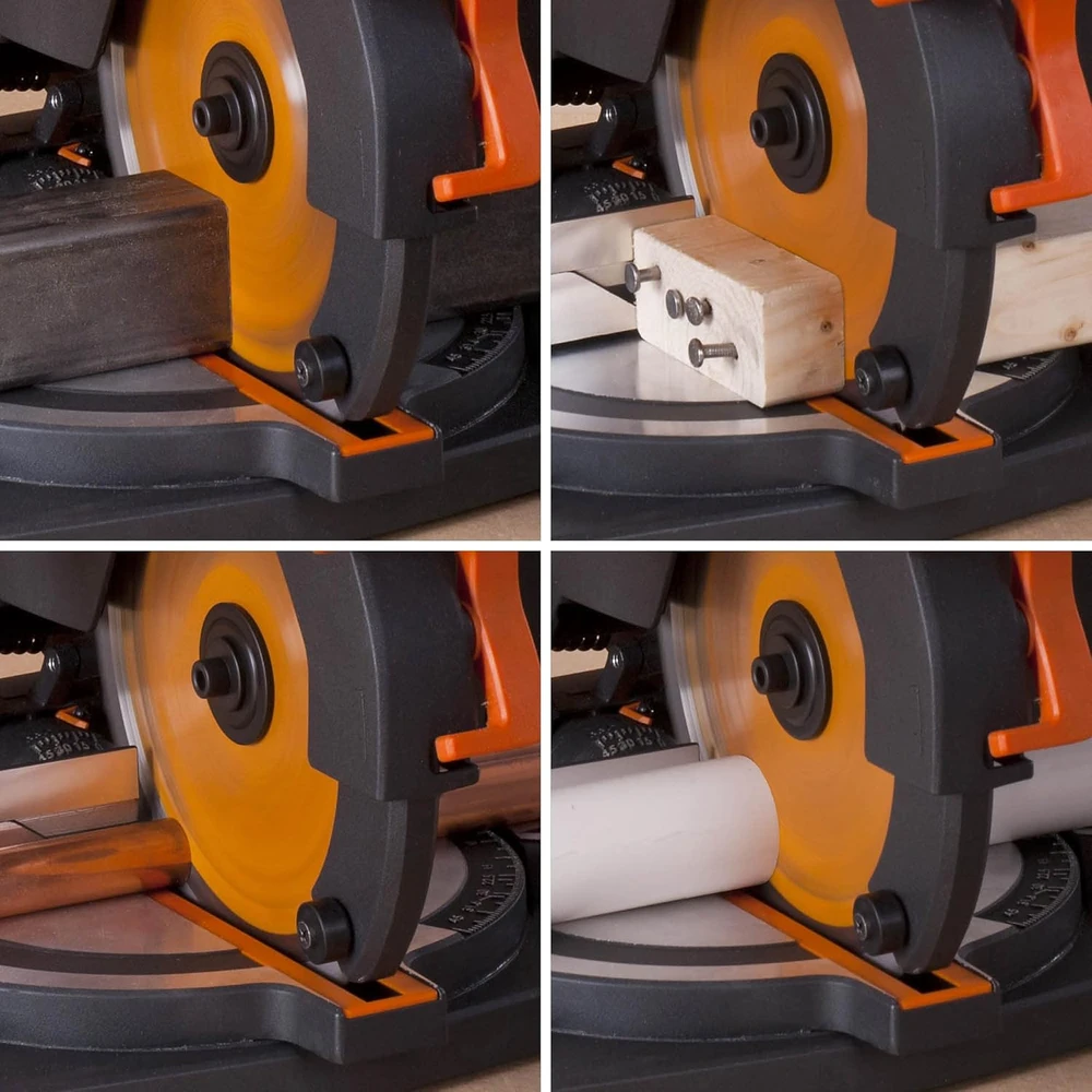Evolution Power Tools kombinuota skersavimo pjūklas 1200 W 210 mm, R210CMS modelis, pjovimo kampai 45°, komplekte TCT diskas