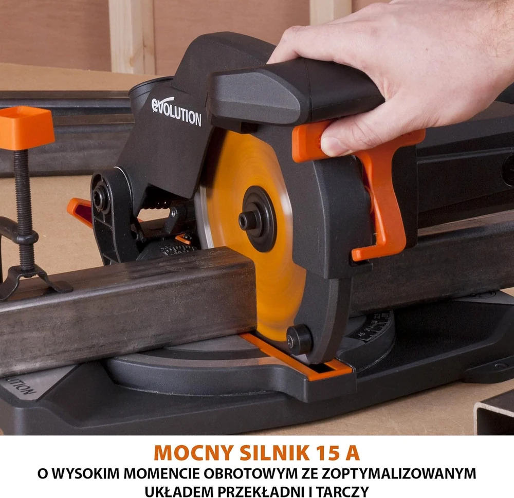 Evolution Power Tools kombinuota skersavimo pjūklas 1200 W 210 mm, R210CMS modelis, pjovimo kampai 45°, komplekte TCT diskas