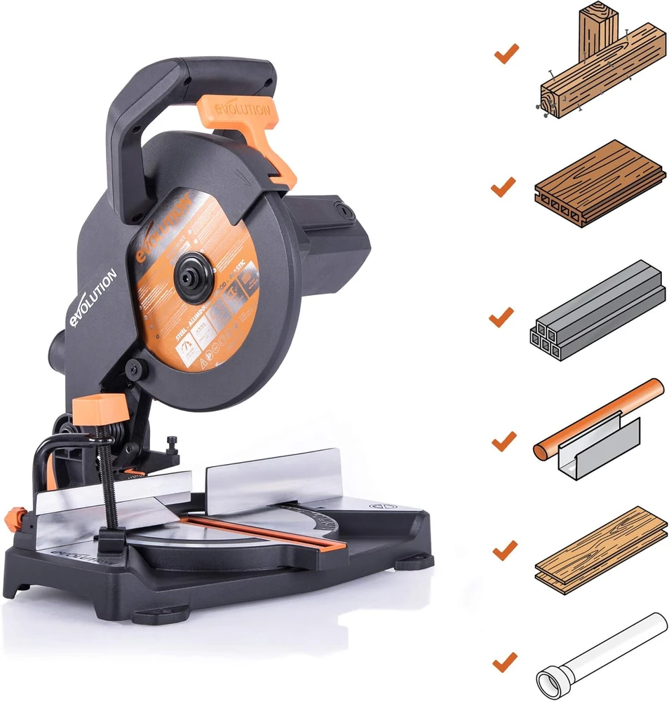 Evolution Power Tools kombinuota skersavimo pjūklas 1200 W 210 mm, R210CMS modelis, pjovimo kampai 45°, komplekte TCT diskas