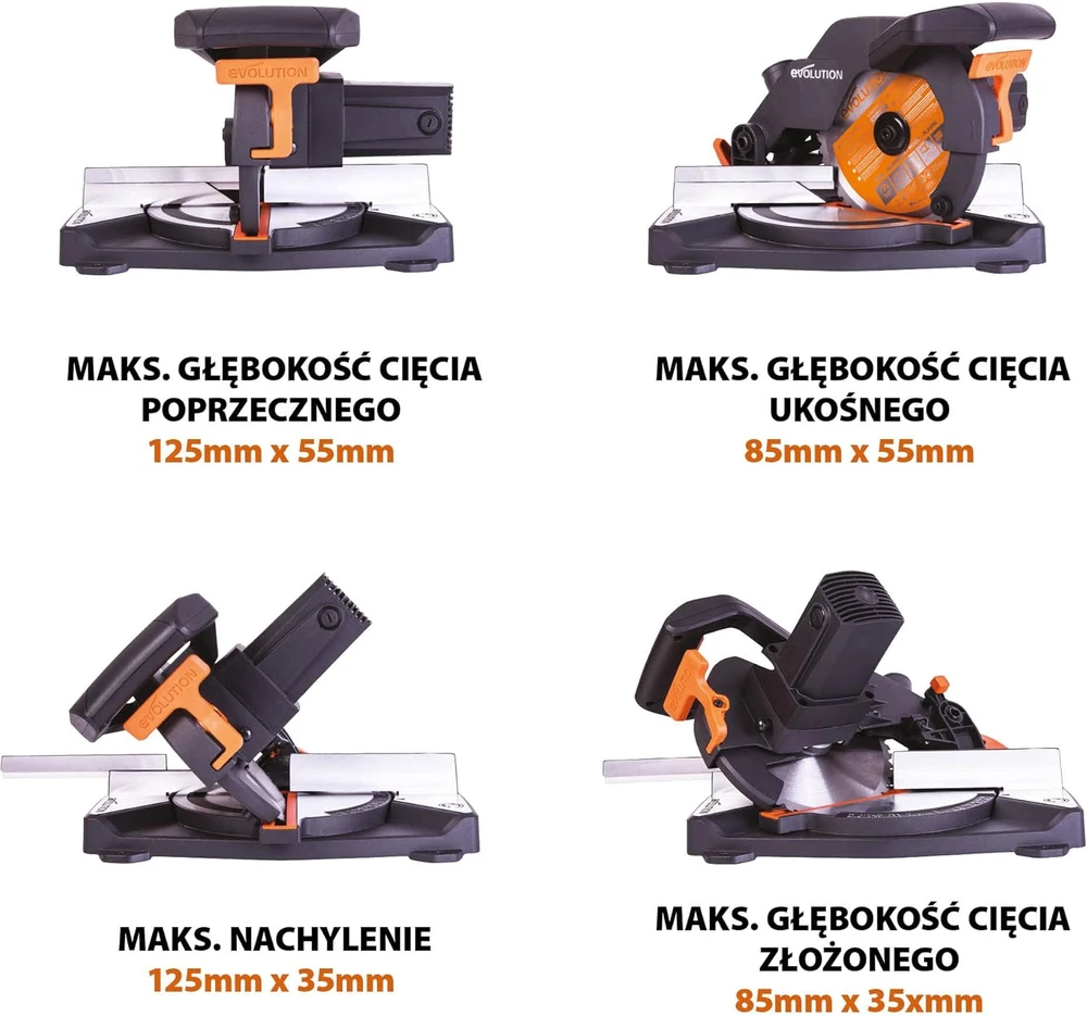 Evolution Power Tools kombinuota skersavimo pjūklas 1200 W 210 mm, R210CMS modelis, pjovimo kampai 45°, komplekte TCT diskas