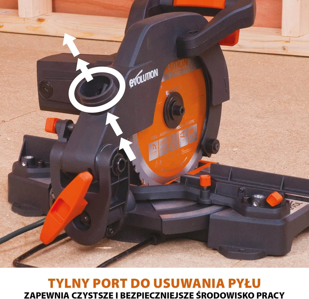 Evolution Power Tools kombinuota skersavimo pjūklas 1200 W 210 mm, R210CMS modelis, pjovimo kampai 45°, komplekte TCT diskas