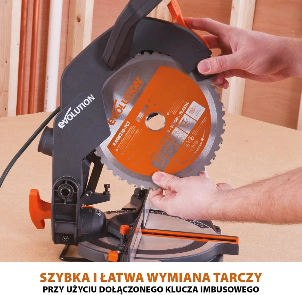 Evolution Power Tools kombinuota skersavimo pjūklas 1200 W 210 mm, R210CMS modelis, pjovimo kampai 45°, komplekte TCT diskas