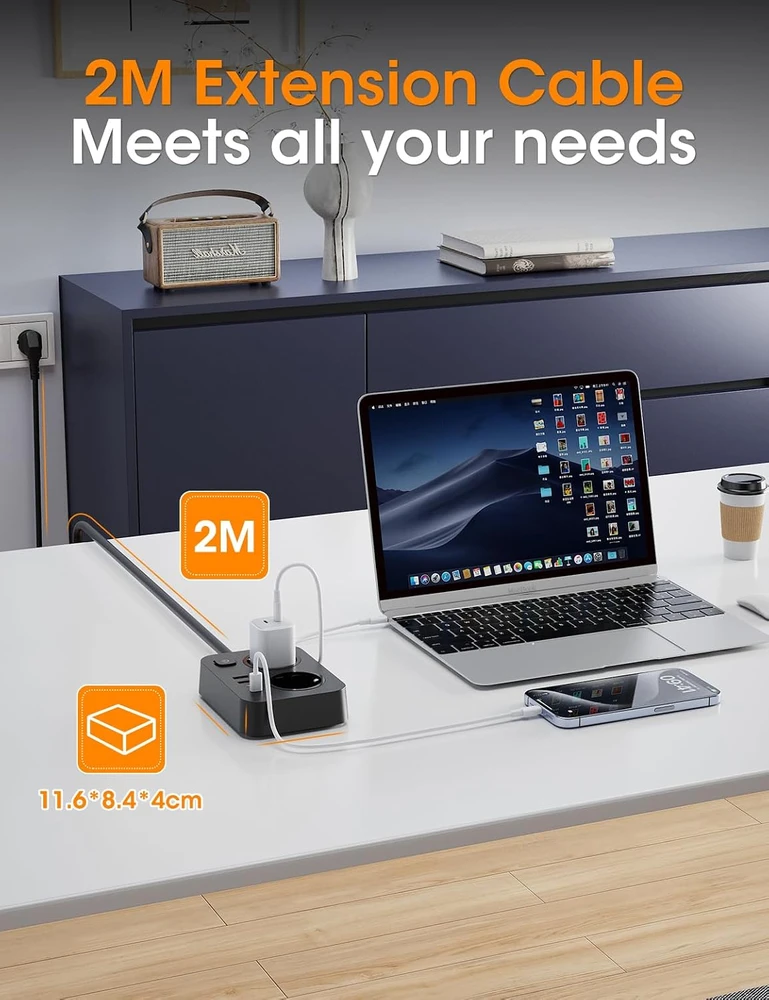 EYMUOBC ilgintuvas su 2 lizdais, 4 USB prievadais, USB-C 20 W ir 2 m laidu PWOST02