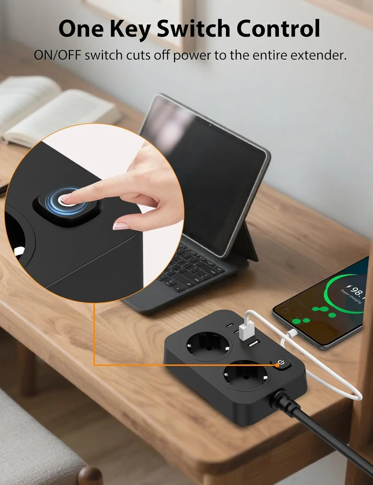 EYMUOBC ilgintuvas su 2 lizdais, 4 USB prievadais, USB-C 20 W ir 2 m laidu PWOST02