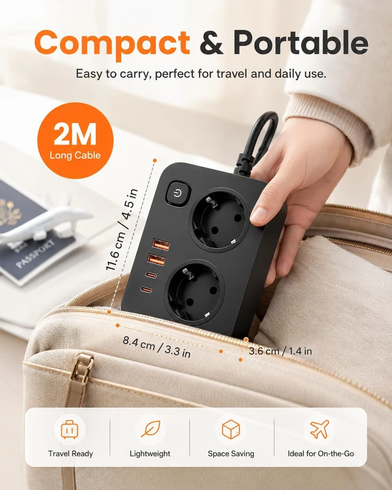 EYMUOBC ilgintuvas su 2 lizdais, 4 USB prievadais, USB-C 20 W ir 2 m laidu PWOST02