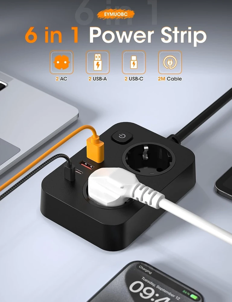 EYMUOBC ilgintuvas su 2 lizdais, 4 USB prievadais, USB-C 20 W ir 2 m laidu PWOST02