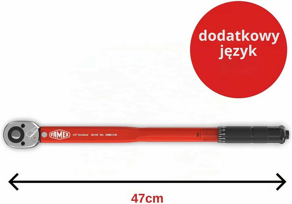 FAMEX dinamometrinis raktas 1/2 col. 30–210 Nm su 3 galvutėmis 10886-3-RS