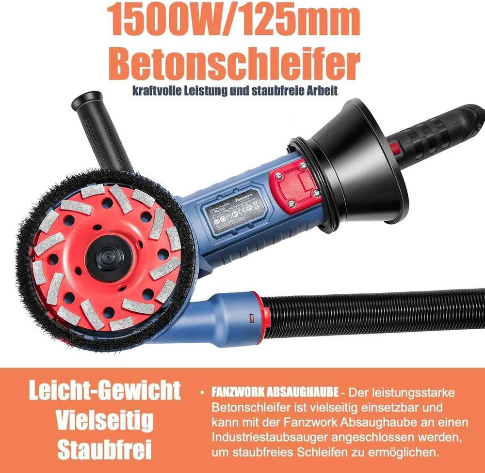 FANZTOOL betono šlifuoklis 1500 W su reguliuojamu greičiu, 125 mm deimantiniais diskais, T formos rankena