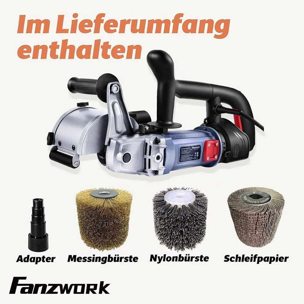 FANZWORK satinavimo mašina 1500 W, reguliuojamas greitis, priedai, dulkių jungtis, V2 rinkinys: žalvario, nailono ir švitrinio popieriaus priedai