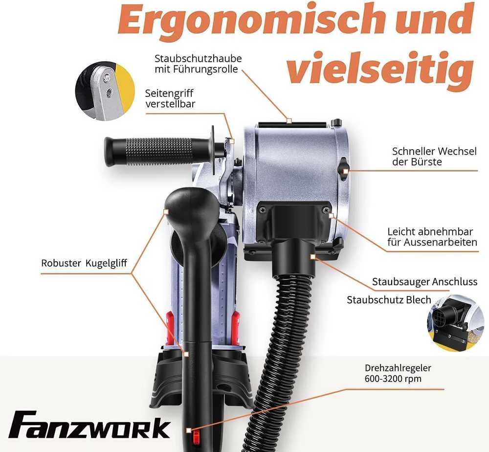 FANZWORK satinavimo mašina 1500 W, reguliuojamas greitis, priedai, dulkių jungtis, V2 rinkinys: žalvario, nailono ir švitrinio popieriaus priedai