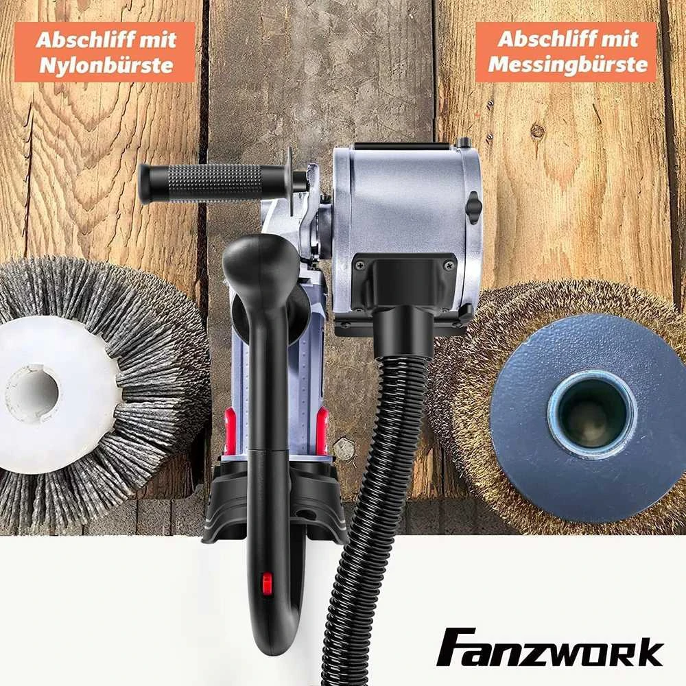 FANZWORK satinavimo mašina 1500 W, reguliuojamas greitis, priedai, dulkių jungtis, V2 rinkinys: žalvario, nailono ir švitrinio popieriaus priedai