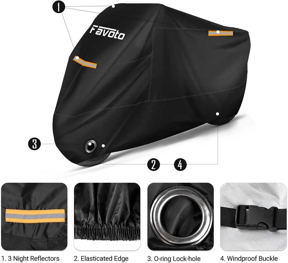 Favoto motociklo uždangalas iš Oxford 210T audinio, vandeniui atsparus, XXXL 265x105x125 cm, FTEU-Motor-Cover-XXXL