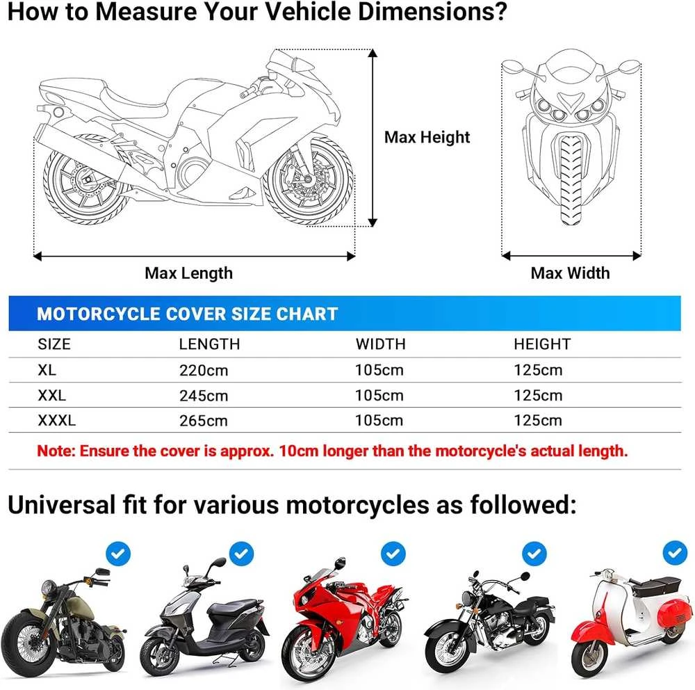 Favoto vandeniui atsparus motociklo uždangalas, 245 cm ilgis, UV apsauga, juodas-sidabrinis, Motorcycle-Cover-XXL