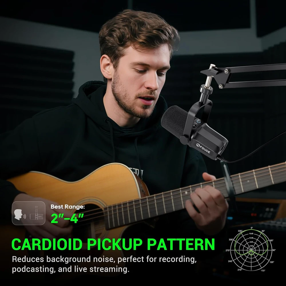 FDUCE dinaminis podcastų mikrofonas su USB ir XLR jungtimis, statyvu ir valdikliais SL40 Plus