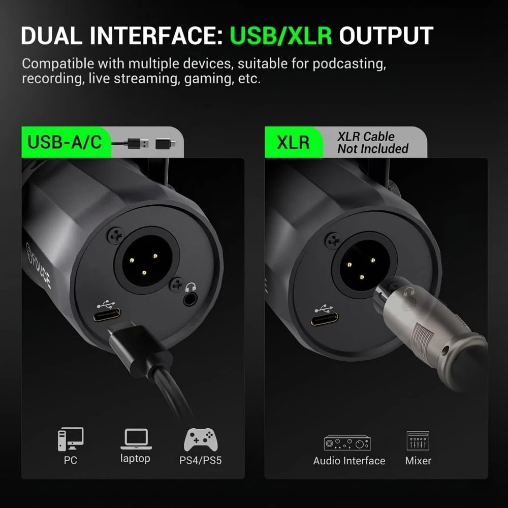 FDUCE dinaminis podcastų mikrofonas su USB ir XLR jungtimis, statyvu ir valdikliais SL40 Plus