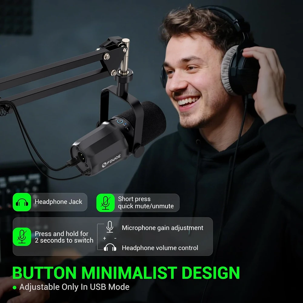 FDUCE dinaminis podcastų mikrofonas su USB ir XLR jungtimis, statyvu ir valdikliais SL40 Plus