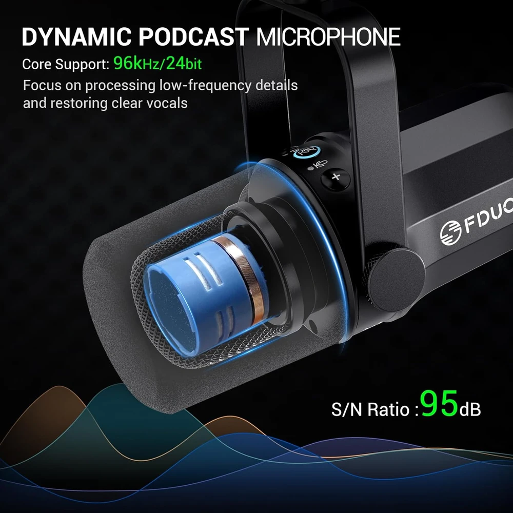 FDUCE dinaminis podcastų mikrofonas su USB ir XLR jungtimis, statyvu ir valdikliais SL40 Plus