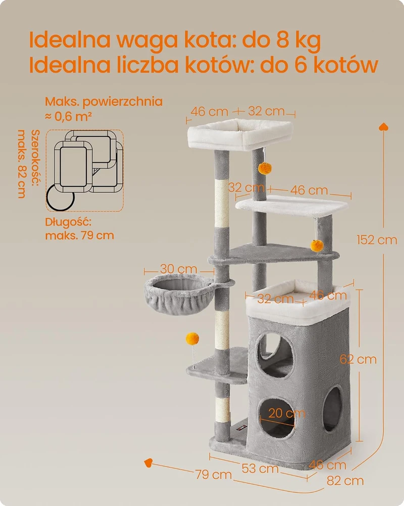 Feandrea kačių draskyklė su guoliais ir platformomis, 152 cm, PCT007G01