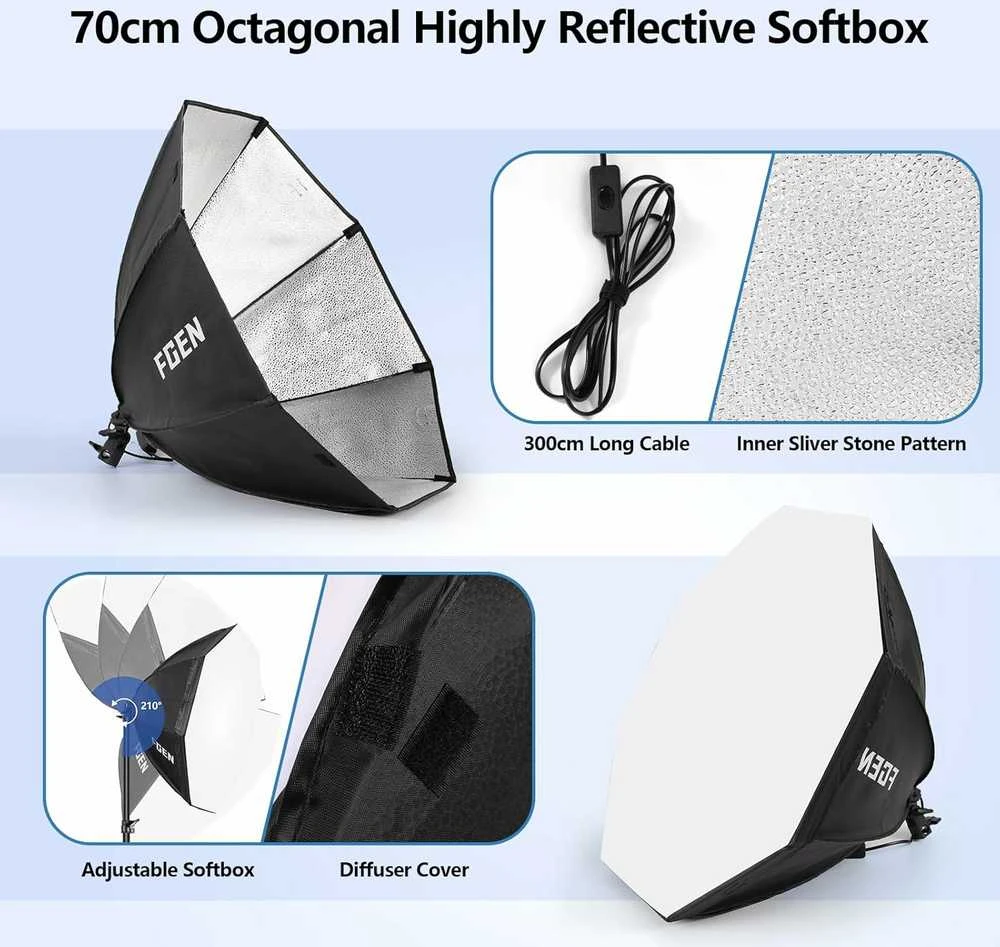 FGen 70 cm aštuonkampių softbox LED studijinio apšvietimo rinkinys, 120 W, su reguliuojamais stovais