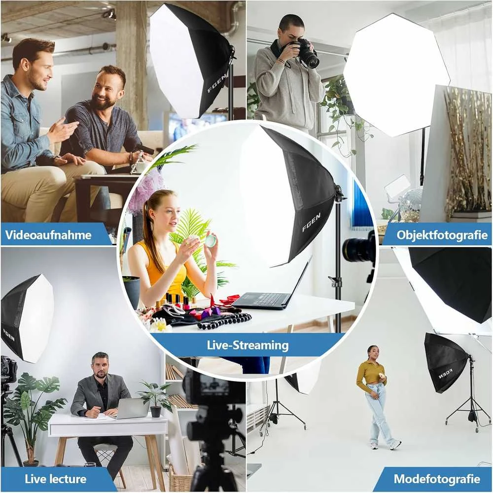 FGen 70 cm aštuonkampių softbox LED studijinio apšvietimo rinkinys, 120 W, su reguliuojamais stovais